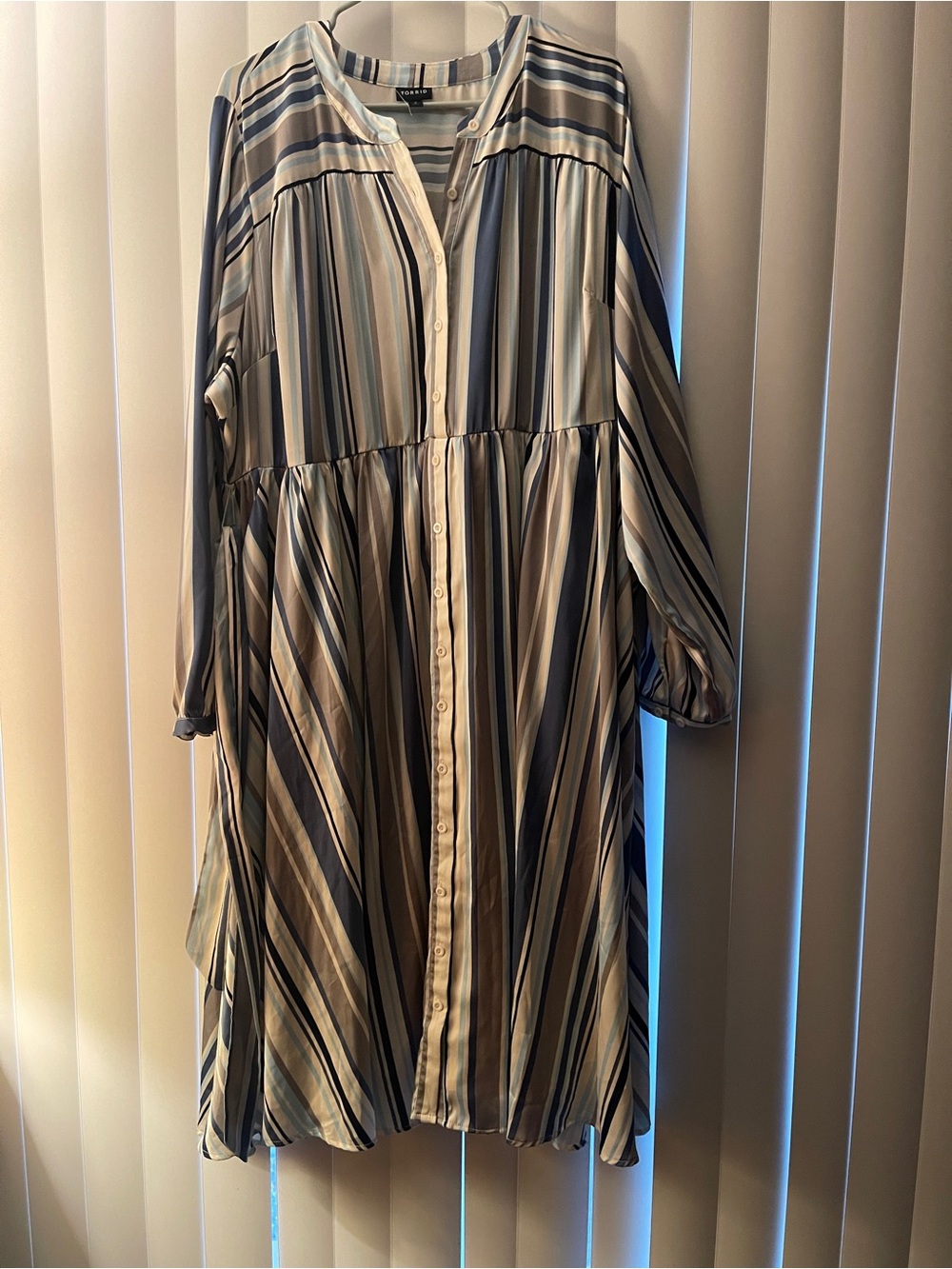 Torrid Striped Long-Sleeve Button-Front Midi Dress in Blue and Cream